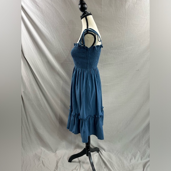 Blue Pleated Shirred Ruffle Hem Dress - Picture 7 of 8